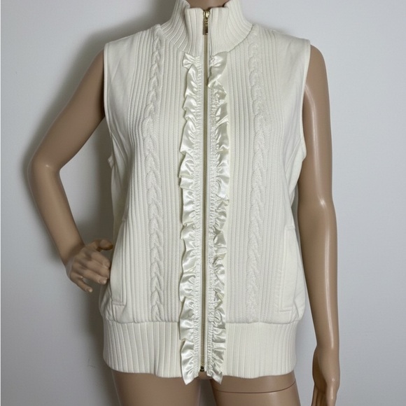 Draper'S & Damon'S Jackets & Blazers - Draper’s & Damon’s Ivory Cable Knit Vest Ruffle Zip Preppy Classic Size L